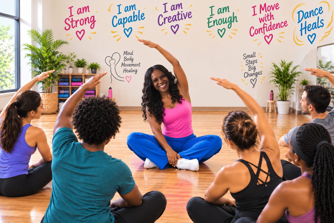 Instructor seated on the studio floor leading a stretching circle beneath affirmation signs