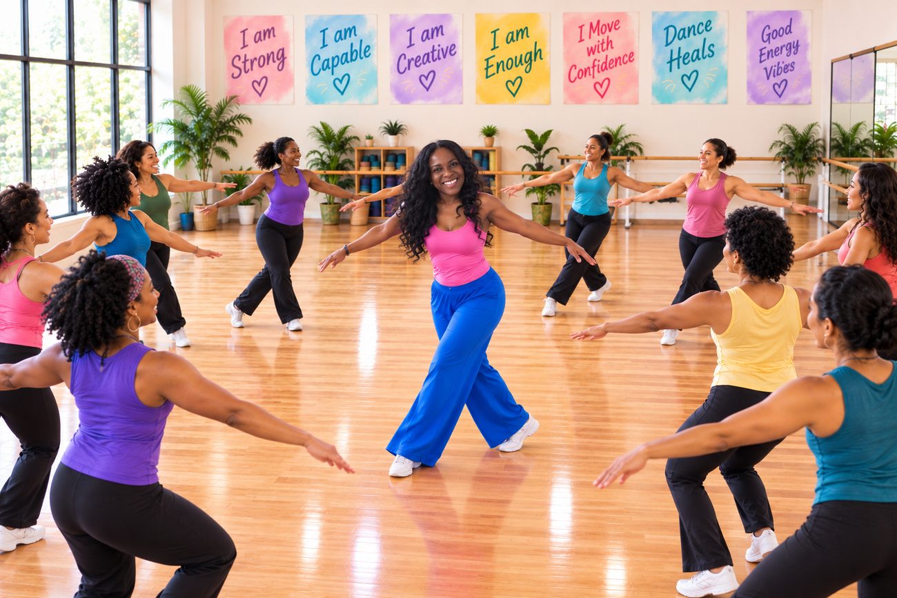 Instructor dancing in the center of a large circle of smiling class members