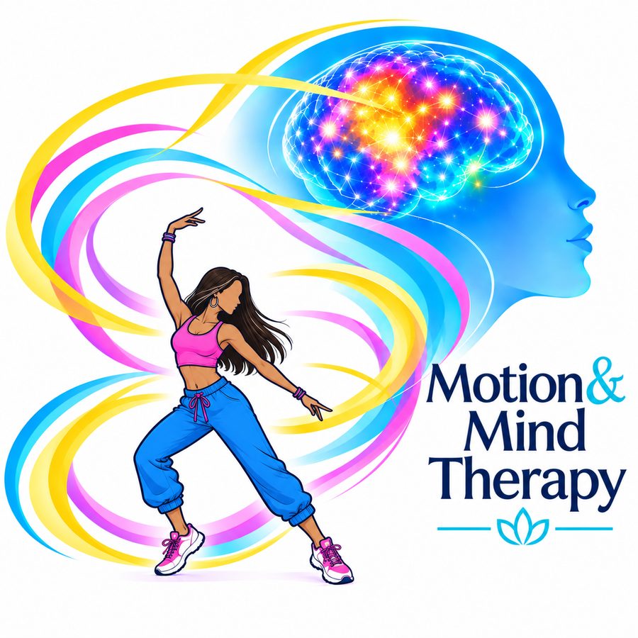 A dancer surrounded by pink, blue and yellow ribbons flowing into a glowing brain