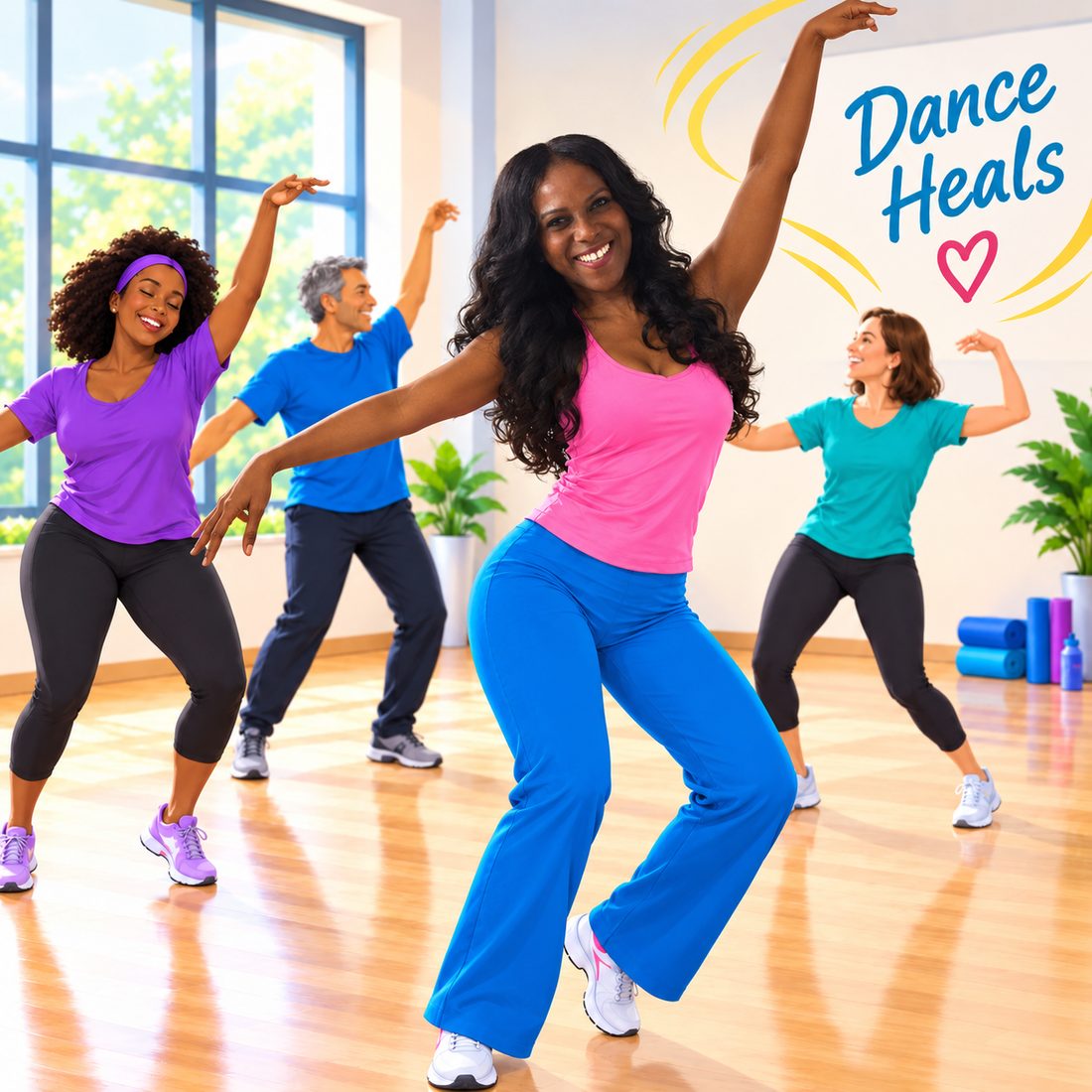 Instructor leading a joyful dance class with the words Dance Heals on the wall